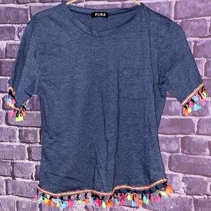 Flika brand navy blue shirt with colored tassels in a size medium.